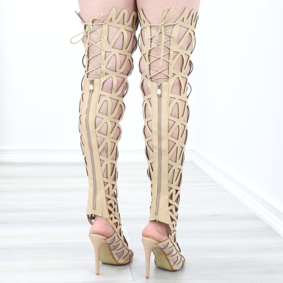 Women Faux Leather Nude Gladiator Stiletto Thigh High Heeled Boot - Picture 5 of 14